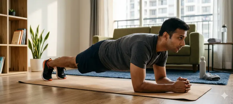 man performing plank exercise at home
